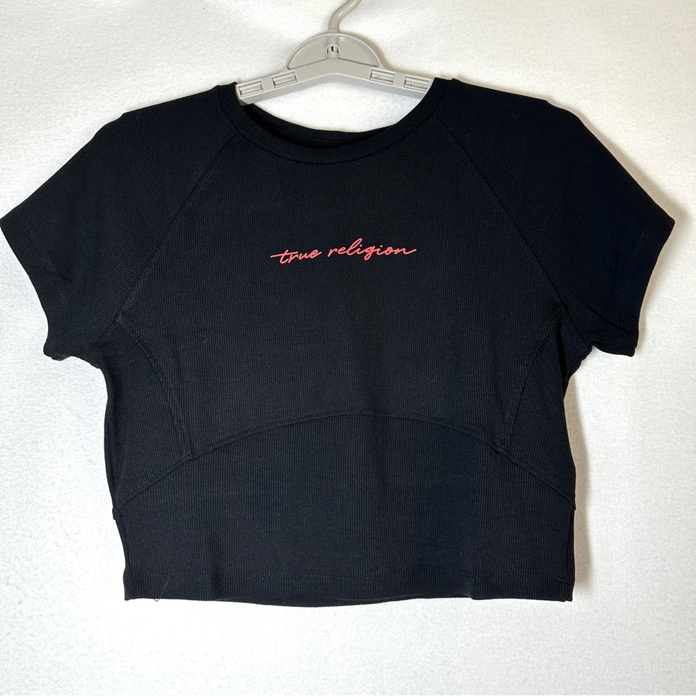 True Religion Cropped Corset Tee L Jet Black Ribbed T Shirt Front Logo New